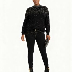 Elegant Black Turtleneck Sweater with Pearl Accents